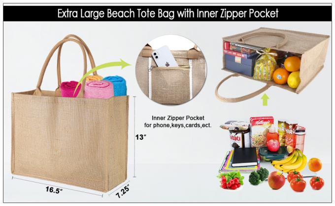 Burlap Tote Bags Bulk Laminated Interior Jute Tote Bag Full Gusset With Inner Zipper Pocket, DIY Art Crafts 1
