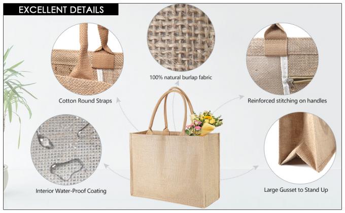 Burlap Tote Bags Bulk Laminated Interior Jute Tote Bag Full Gusset With Inner Zipper Pocket, DIY Art Crafts 0